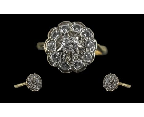 18ct Yellow Gold - Ladies Diamond Set Cluster Ring. Marked 18ct to Shank. The Central Round Diamond Surrounded by 10 Further 