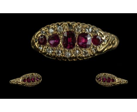 Antique Period - Attractive 18ct Gold Ruby and Diamond Set Ring. Full Hallmark to Interior of Shank. The Five Rubies of Excel