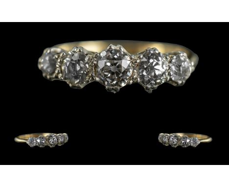 Antique Period 18ct Gold and Platinum 5 Stone Diamond Set Ring. Marked Platinum and 18ct to Interior of Shank. The Five Semi 