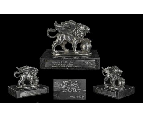 A Superb Sterling Silver Impressive Desk Paperweight Depicting The Figure of a Winged Lion. Resting All Left Paw on a Large S