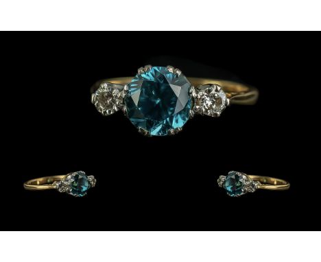 18ct Gold - Attractive 3 Stone Diamond and Blue Zircon Set Ring. Marked 18ct to Interior of Shank. Diamonds and Zircon of Goo