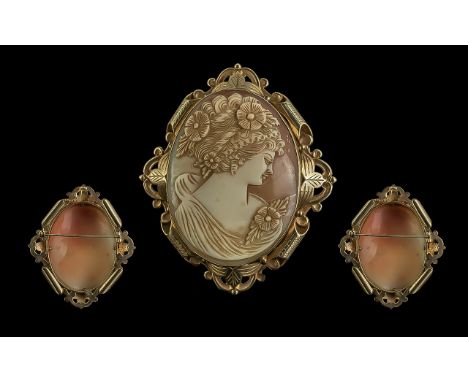 A Large and Impressive and Superior 9ct Gold Mounted ( Fancy ) Shell Cameo - Brooch. Full Hallmark to Mount, Decorated with W