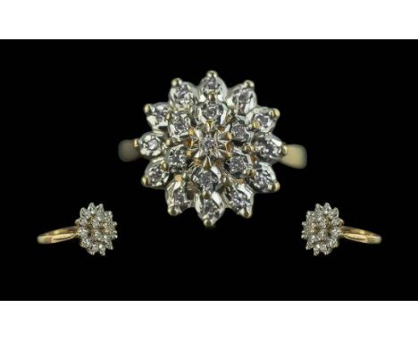 9ct Gold Diamond Cluster Ring, flowerhead design. Ring size I.  Weight 3.2 grams.  Fully hallmarked.