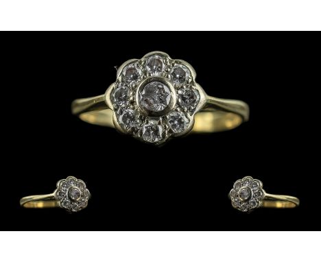 Antique Period 18ct Gold Pleasing Diamond Ring. Marked 18ct to Shank. Flower head Design. All 7 Diamonds of Good Colour and C