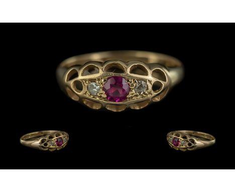 Antique Period - Attractive 18ct Gold 3 Stone Ruby and Diamond Set Ring. Full Hallmark to Shank, Birmingham 1918. The Ruby Ex