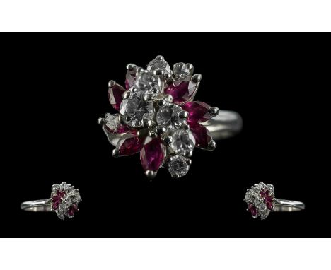 14ct White Gold Attractive Diamond &amp; Ruby Set Dress Ring, marked 14ct to shank.  Diamonds and rubies of excellent colour.