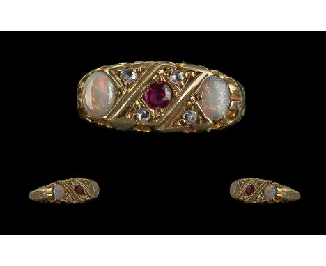 Antique Period - Superb 18ct Gold Ruby - Diamond and Opal Set Ring. Full Hallmark to Interior of Shank, Opals and Rubies of E