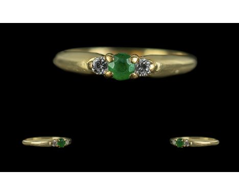 18ct Gold Pleasing Quality 3 Stone Emerald and Diamond Dress Ring. Marked 18ct to Shank. Both Emerald and DIamonds of Good Co