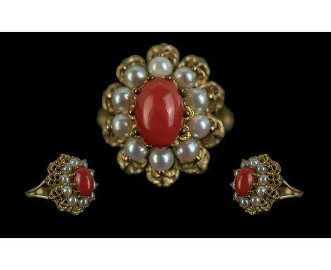 Ladies 9ct Gold - Attractive Red Coral and Seed Pearl Set Cluster Ring. Fully Hallmarked to Shank. The Centre Red Coral Stone