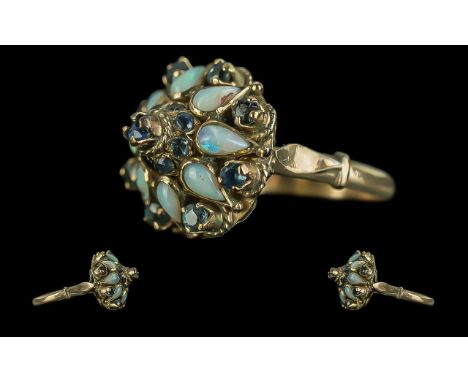 Antique Period 18ct Gold - Attractive Tear-Drop Opals and Gem Set Cluster Ring. Marked 18ct to Interior of Shank. The Well Ma