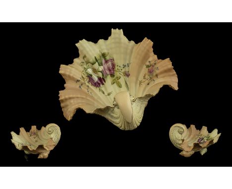 Royal Worcester Large Blush Ivory Handpainted Floral Bowl, in the form of a large sea shell.  Date 1916, shape No. 971.  The 