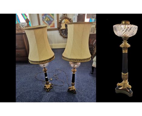 Pair of Table Lamps, candlestick style, brown ridged column base with gilt decoration and claw feet above a gilt base.  Oval 