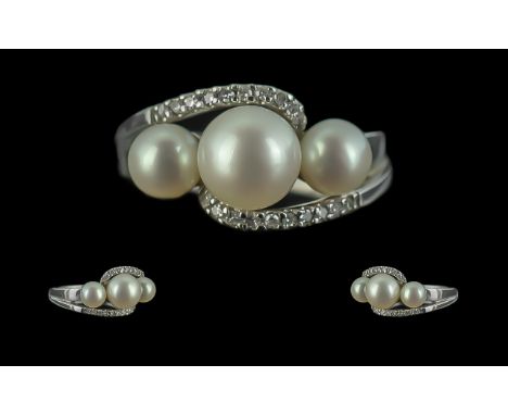 Ladies Pearl and Diamond Ring Set In 9ct White Gold. Superior Ring Set with Pearls and Channel Set Diamonds, Pearls of Good Q