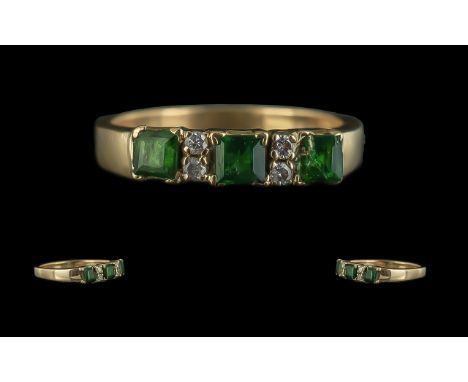 Ladies 18ct Gold Attractive Emerald and Diamond Set Ring - Not Marked but Tests 18ct Gold. The Three Emeralds Of Deep Green C