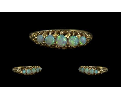 Antique Period - Attractive 18ct Gold 5 Stone Opal Set Ring, Gallery Setting. Full Hallmark for Birmingham 1898. The Well Mat