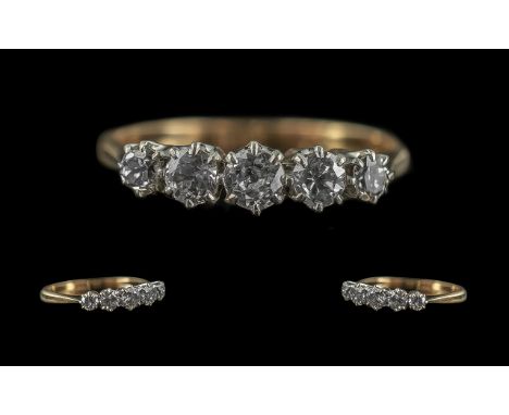 18ct Gold - Attractive 5 Stone Diamond Set Ring. Marked 18ct to Shank. The Well Matched Round Faceted Diamonds of Good Colour