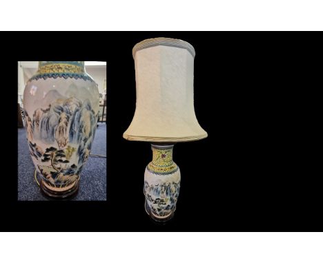 Large Ceramic Table Lamp, Oriental hand painted design of trees and mountains, raised on a wooden base.  Height approx. 24", 