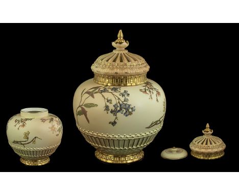 Royal Worcester Persian Style Reticulated Handpainted Blush Ivory Large Pot-Pourri Lidded Vase, complete with inner cover, de