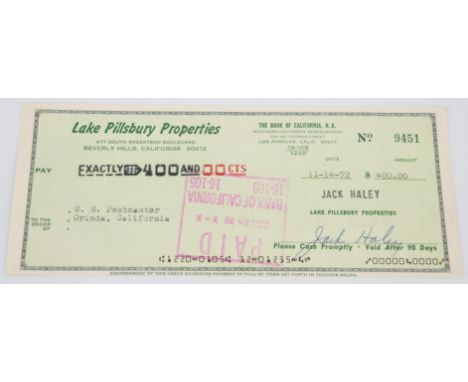 The Wizard Of Oz (1939) Jack Haley Autograph  Jack Haley, signed Lake Pillsbury Properties cheque, dated 14th September 1972.