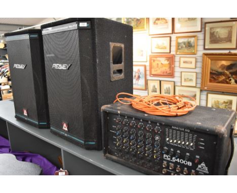 A Ross Systems PC6400B powered mixer, with a pair of Peavey HiSys 2XT speaker and jack to speakon cables