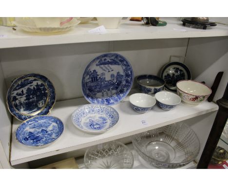 A small collection of 19th century and later English and Chinese blue and white porcelain together with a lustre bowl.