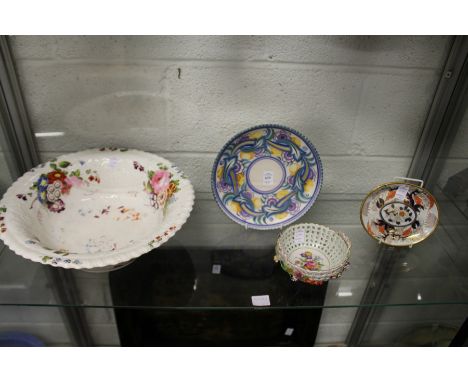 A Poole Pottery plate, a Dresden floral decorated bowl, an Imari style teapot stand and a floral bowl.