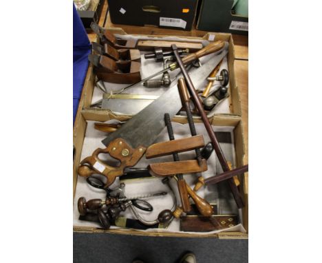 A good collection of woodworking and other tools to include a Disston saw, Preston level and spokeshave, a John Cockerill ten