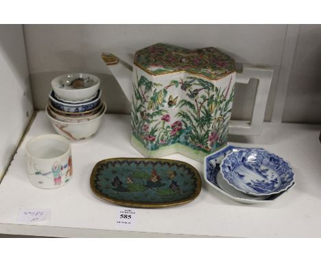 A Chinese Famille Rose lozenge shaped teapot and various other oriental wares.