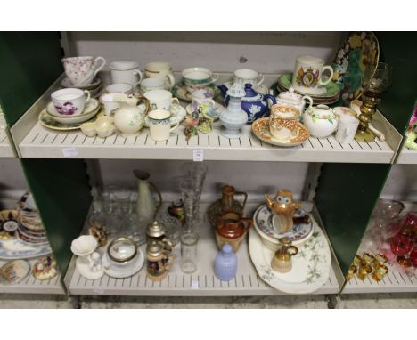 A quantity of decorative china and glassware to include Beswick birds, small Wedgwood Jasper ware teapot, cabbage leaf plates