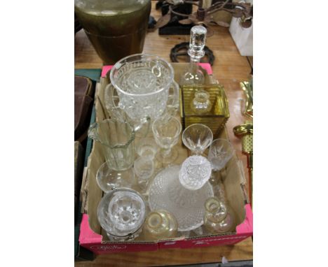 A box of glassware to include an ice pail, port decanter etc.