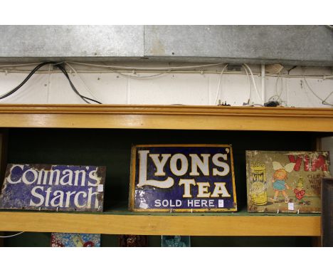 An old Lyon's tea enamel sign, a Colman's Starch sign and Vim cleaner printed metal sign.