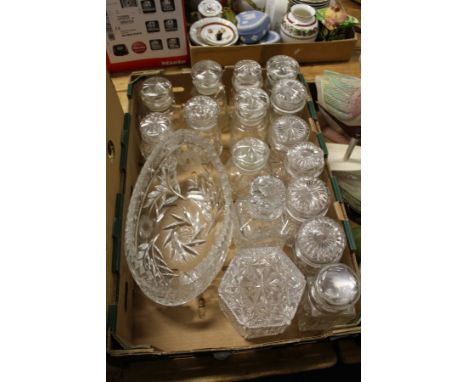 A good cut glass oval shaped bowl, a hexagonal box and cover, a whisky decanter and a quantity of storage jars.