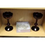 A pair of ruby coloured glass table lustres.