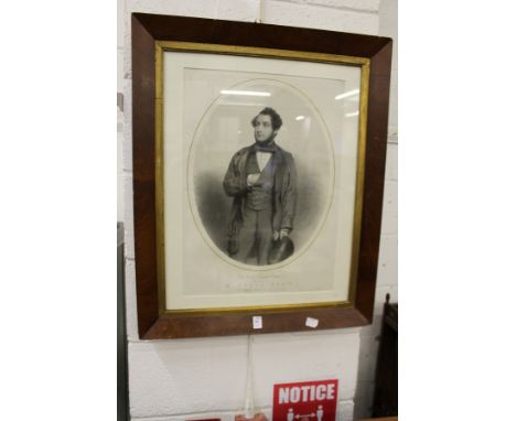 An engraved portrait of a gentleman in a mahogany frame.
