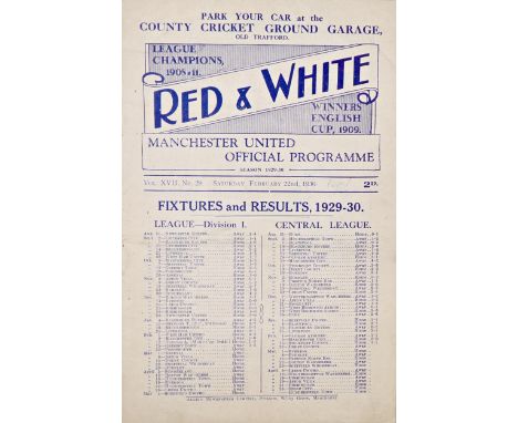 1929/30 Manchester United v Portsmouth, Red and White football programme, February 22nd 1930, light pencil writing otherwise 