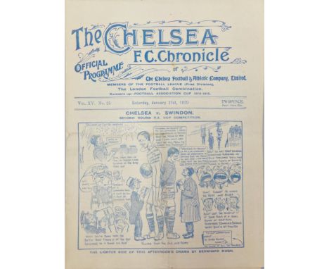 1919/20 Chelsea v Swindon town football programme, Chelsea Chronicle programme, FA Cup 2nd round, mild creases and light stai