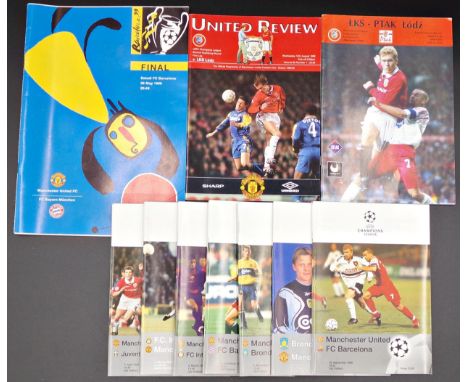 1998/99 Manchester United Champions League football programmes to include LKS Lodz home/away, Barcelona home, Brondby home/aw