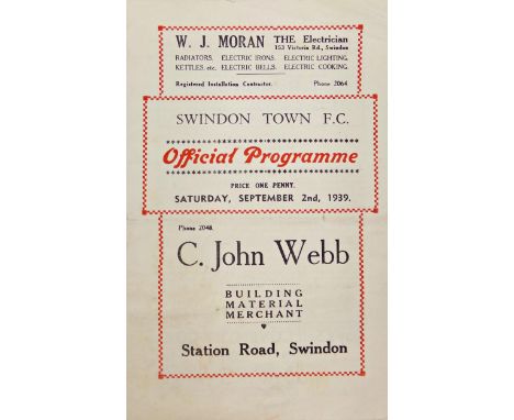 1939/40 Swindon Town v Aldershot football programme, the last league match before World War II, mild creases and light staple