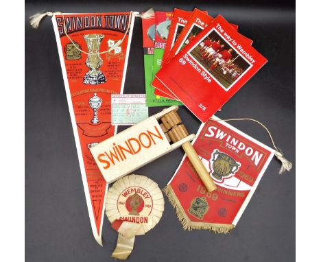 Collection of Swindon Town FA Cup Final 1969 memorabilia against Arsenal to include rosettes, programmes, a clacker etc