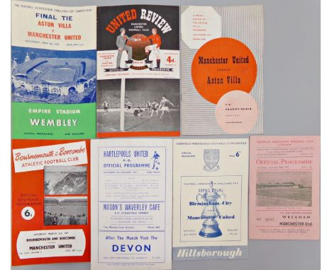 Manchester United 1956/57 FA Cup run programmes v Hartlepool United away, Bournemouth and Boscombe away, Wrexham away, Everto