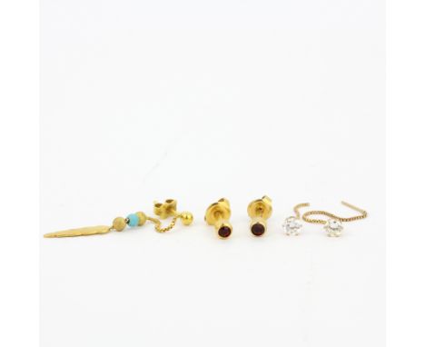 A pair of yellow metal (tested high carat gold) stone set stud earrings, together with a pair of a/f gold stone set earrings 