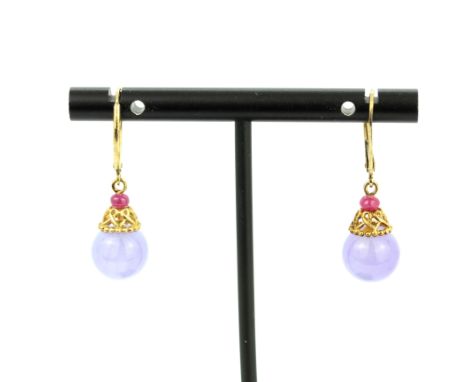 A pair of 9ct yellow gold mounted lavender jade and ruby set drop earrings, 3.2cm.