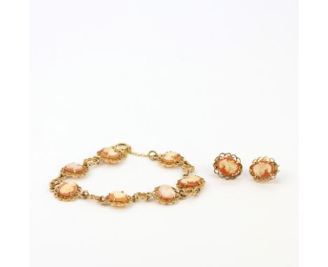 A vintage suite of 9ct gold bracelet and matching earrings set with cameos, the bracelet clasp has been replaced, L. 19cm &am