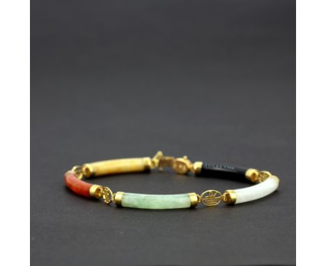 A 14ct gold mounted jade, mother of pearl, cornelian, onyx and gate set bracelet, L. 18cm.