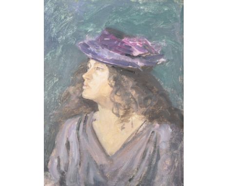 Tom Espley (1931-2016) British. "Abigail Purple, Hat", Portrait of a Woman wearing Purple, Oil on Board, Inscribed on reverse
