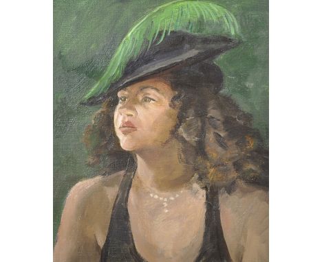 Tom Espley (1931-2016) British. Portrait of a Lady in a Feathered Hat, Oil on Canvas, Signed on reverse, 12" x 10".