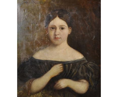 19th Century English School. Portrait of a Young Girl, in a Blue Dress, Holding a Basket, Oil on Canvas, 21.25" x 18".