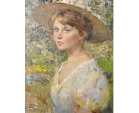Samouil Grigorievich Nevelshtein (1903-1983) Russian. "Portrait of a Young Girl with a Hat", Oil on Canvas, Signed, and Signe