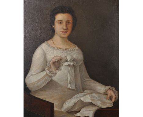 Early 19th Century English School. Portrait of a Lady Dressed in White Sewing, Oil on Canvas laid down, 30" x 23.75".