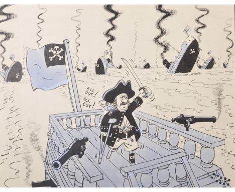Raymond Jackson 'JAK' (1927-1997) British. ""Pieces of Six! Pieces of Six!", Ink and Blue Wash on Board, Unframed, 21" x 24".